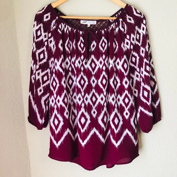 Jolt Top Womens Medium Sheer Peasant 3/4 Sleeve Burgundy White Tribal Maximalist - Picture 1 of 5